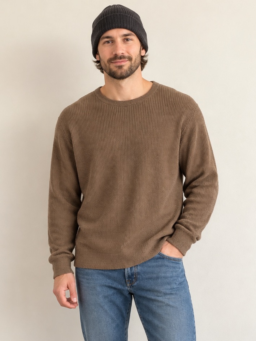 RW&CO Brown Cotton Blend Textured Crewneck Sweater Size M Cozy Basic Neutral